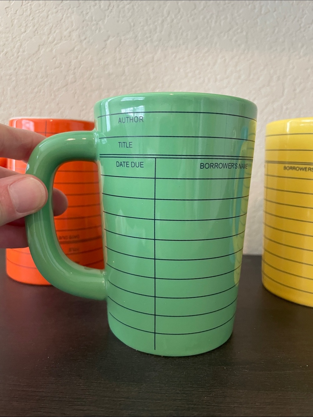 Out of Print Orange, Green, Yellow & Blue Library Card Ceramic Mugs - Picture 4 of 8